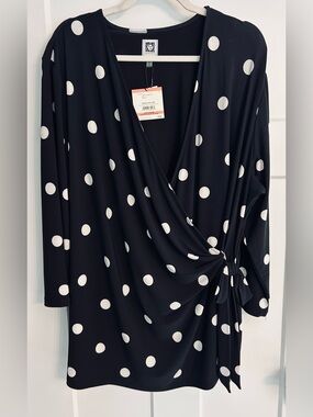 NWT- Anne Klein Women 3X Black/White Polka Dot Faux Wrap Tie Side Blouse